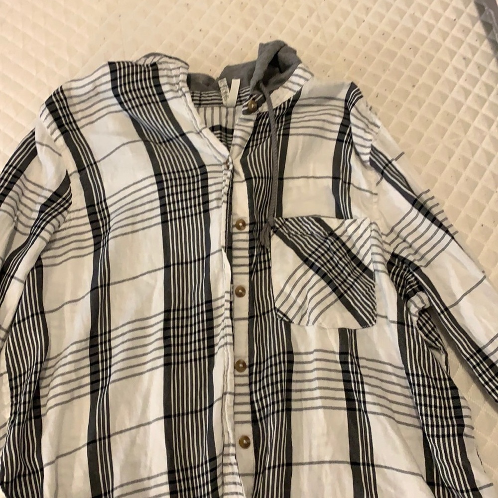 Grey and white button up flannel with grey hood